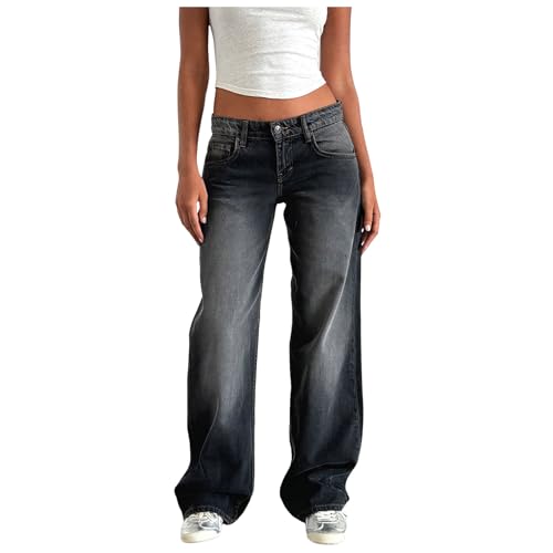 ZhungZaoh Baggy Damen Jeans Y2k Low Waist Jeans Straight Leg Jeanshose Gerade Freizeithose Stretch Locker Hosen Boyfriend Teenager Mädchen Streetwear (Grey, XS) von ZhungZaoh