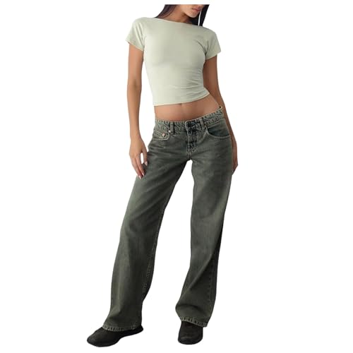 ZhungZaoh Baggy Damen Jeans Y2k Low Waist Jeans Straight Wide Leg Jeanshose Gerade Freizeithose Stretch Boyfriend Locker Hosen Teenager Mädchen Streetwear (Khaki, M) von ZhungZaoh