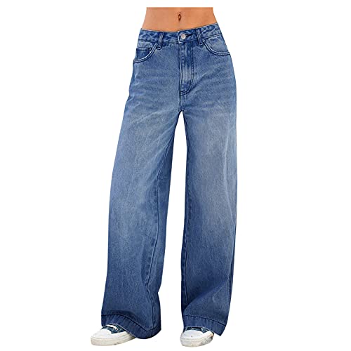 ZhungZaoh Baggy Jeans Damen Blau High Waist Y2K Jeanshose Vintage Gerade Freizeithose Straight Cargo Hose mit Weites Bein Wide Leg Denim Pants (02-Dark Blue, L) von ZhungZaoh