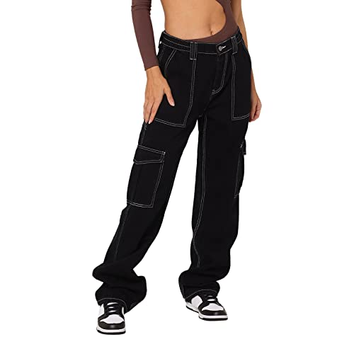 ZhungZaoh Baggy Jeans Damen High Waist Y2K Jeanshose Schwarz Vintage Gerade Freizeithose Wide Leg Denim Pants Straight Cargo Hose mit Weites Bein (01-Black, M) von ZhungZaoh