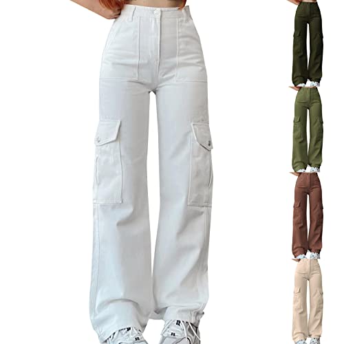 ZhungZaoh Cargohose Damen Jeans Baggy High Waist Y2K Breites Bein Boyfriend Hose Locker Freizeithose Sommer Jeanshose Teenager Mädchen Kleidung Streetwear Wide Leg Jeans Denim Pants (01-Weiß, XXL) von ZhungZaoh