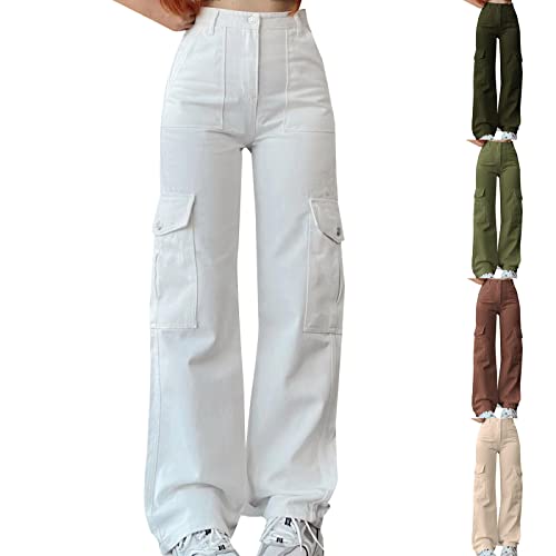 ZhungZaoh Cargohose Damen Jeans Baggy High Waist Y2K Breites Bein Boyfriend Hose Locker Freizeithose Teenager Mädchen Jeanshose Streetwear Wide Leg Jeans Denim Pants (02-White, M) von ZhungZaoh