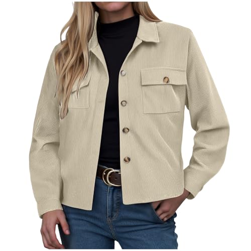 ZhungZaoh Cordjacke Damen Übergangsjacke Langarm Button Down Blouson Jacke mit Taschen Herbst Winter Casaul Jacket Kurze Cord Jacke (Beige, L) von ZhungZaoh