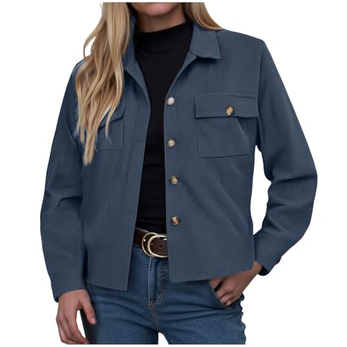ZhungZaoh Cordjacke Damen Übergangsjacke Langarm Button Down Blouson Jacke mit Taschen Herbst Winter Casaul Jacket Kurze Cord Jacke (Blue, S) von ZhungZaoh
