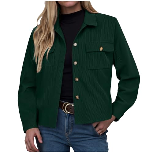 ZhungZaoh Cordjacke Damen Übergangsjacke Langarm Button Down Blouson Jacke mit Taschen Herbst Winter Casaul Jacket Kurze Cord Jacke (Green, XL) von ZhungZaoh