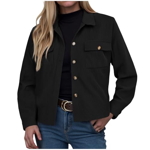 ZhungZaoh Cordjacke Damen Übergangsjacke Langarm Button Down Blouson Jacke mit Taschen Herbst Winter Casaul Jacket Kurze Cord Jacke (L) von ZhungZaoh