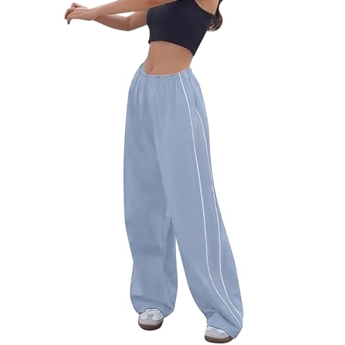 ZhungZaoh Jogginghose Damen Hosen Baggy Y2k Cargohose Weites Bein Track Pants Frauen Vintage Parachute Pants Streetwear Elastische Taille Mädchen Freizeithose (Light Blue, XL) von ZhungZaoh