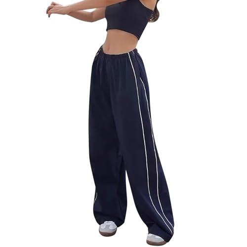ZhungZaoh Jogginghose Damen Hosen Baggy Y2k Cargohose Weites Bein Track Pants Frauen Vintage Parachute Pants Streetwear Elastische Taille Mädchen Freizeithose (Navy, XL) von ZhungZaoh