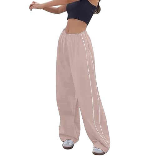 ZhungZaoh Jogginghose Damen Hosen Baggy Y2k Cargohose Weites Bein Track Pants Frauen Vintage Parachute Pants Streetwear Elastische Taille Mädchen Freizeithose (Pink, S) von ZhungZaoh