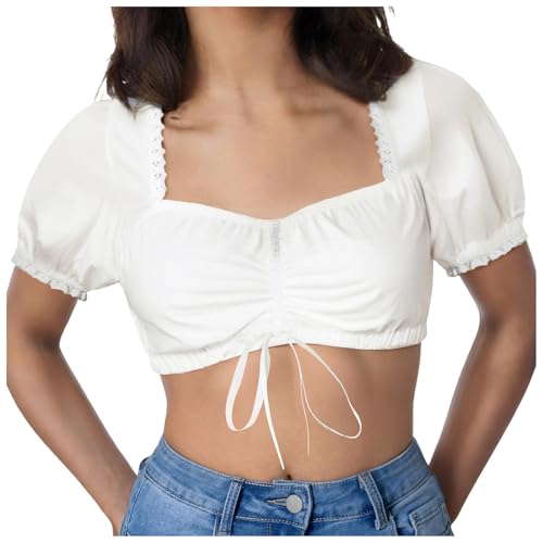 ZhungZaoh Dirndl Bluse Damen Spitze Dirndlbluse Hochgeschlossen Trachtenbluse Große Größen Schwarze Weiße Kurzarm Dirndlblusen(06-Beige, L) von ZhungZaoh