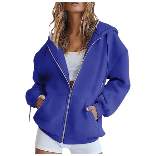 ZhungZaoh Hoodie Damen Sweatjacke 2024 Kapuzenpullover Herbst Winter Sweatshirt Oversize Pullover Zipper Lang Mantel Kapuzenjacke mit Kapuze Reißverschluss (Blue, M) von ZhungZaoh
