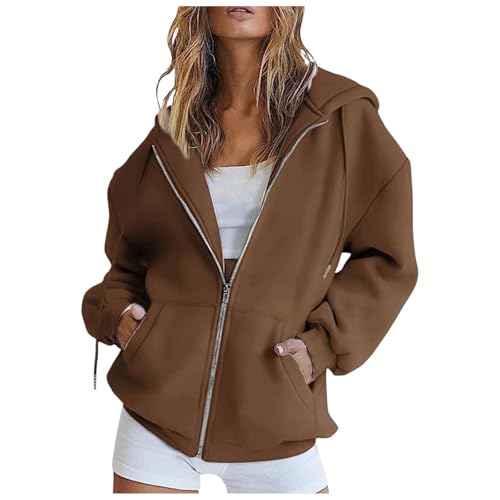 ZhungZaoh Hoodie Damen Sweatjacke 2025 Sportjacke Herbst Winter Sweatshirt Oversize Pullover Zipper Kapuzenpullover Lang Mantel Kapuzenjacke mit Kapuze Reißverschluss (Coffee, XXL) von ZhungZaoh