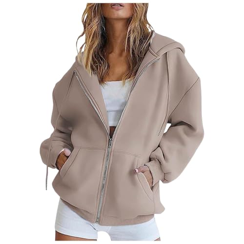 ZhungZaoh Hoodie Damen Sweatjacke 2024 Kapuzenpullover Herbst Winter Sweatshirt Oversize Pullover Zipper Lang Mantel Kapuzenjacke mit Kapuze Reißverschluss (Khaki, M) von ZhungZaoh
