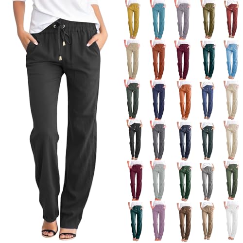 ZhungZaoh Leinen Hose Damen Sommerhose Elegant Casual Lang Leichte Baumwolle Leinenhose Stoffhose Bequeme Luftige Freizeithose Strandhose mit Taschen (Black, S) von ZhungZaoh