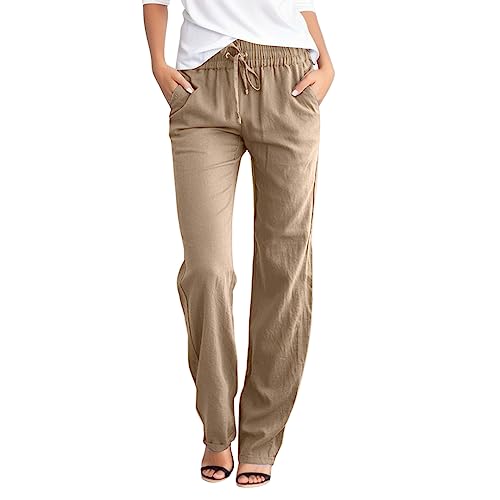 ZhungZaoh Leinen Hose Damen Sommerhose Elegant Casual Lang Leichte Baumwolle Leinenhose Stoffhose Bequeme Luftige Freizeithose Strandhose mit Taschen (Khaki, M) von ZhungZaoh