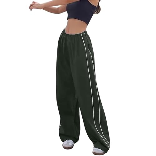 ZhungZaoh Jogginghose Damen Hosen Baggy Y2k Cargohose Weites Bein Track Pants Frauen Vintage Parachute Pants Streetwear Elastische Taille Mädchen Freizeithose (Army Green, M) von ZhungZaoh