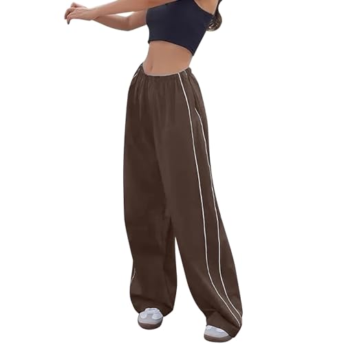 ZhungZaoh Jogginghose Damen Hosen Baggy Y2k Cargohose Weites Bein Track Pants Frauen Vintage Parachute Pants Streetwear Elastische Taille Mädchen Freizeithose (Coffee, S) von ZhungZaoh