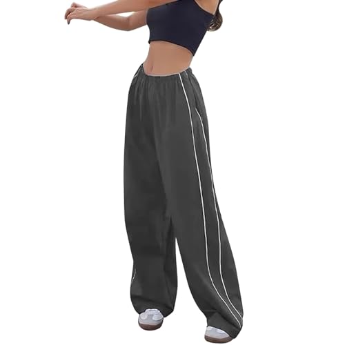ZhungZaoh Jogginghose Damen Hosen Baggy Y2k Cargohose Weites Bein Track Pants Frauen Vintage Parachute Pants Streetwear Elastische Taille Mädchen Freizeithose (Grey, XL) von ZhungZaoh