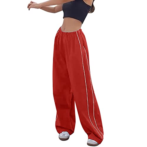 ZhungZaoh Jogginghose Damen Hosen Baggy Y2k Cargohose Weites Bein Track Pants Frauen Vintage Parachute Pants Streetwear Elastische Taille Mädchen Freizeithose (Red, S) von ZhungZaoh