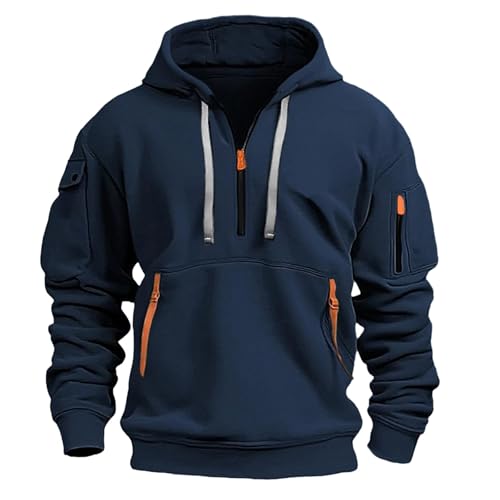 ZhungZaoh Kapuzenpullover Herren Cargo Hoodie Männer Kapuzenjacke Langarm Pullover Outdoor Sweatjacke Zip Sweatshirt mit ReißVerschluss (01-Navy, M) von ZhungZaoh