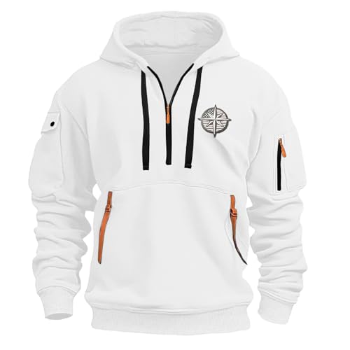 ZhungZaoh Kapuzenpullover Herren Cargo Hoodie Männer Kapuzenjacke Langarm Pullover Outdoor Sweatjacke Zip Sweatshirt mit ReißVerschluss (04-White, M) von ZhungZaoh