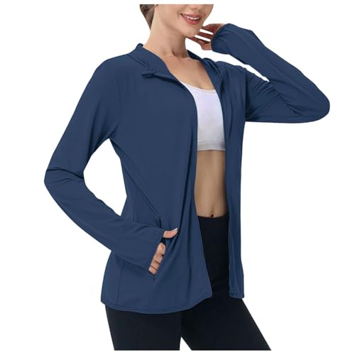 ZhungZaoh Laufjacke Damen Sportjacke Langarm Trainingsjacke Leichtes Sweatjacke Sonnenschutz Hoodie Zip Up Outdoor Jacke mit Tasche für Yoga Fitness Sport (Dark Blue, L) von ZhungZaoh