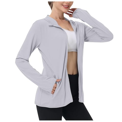ZhungZaoh Laufjacke Damen Sportjacke Langarm Trainingsjacke Leichtes Sweatjacke Sonnenschutz Hoodie Zip Up Outdoor Jacke mit Tasche für Yoga Fitness Sport (Light Gray, M) von ZhungZaoh