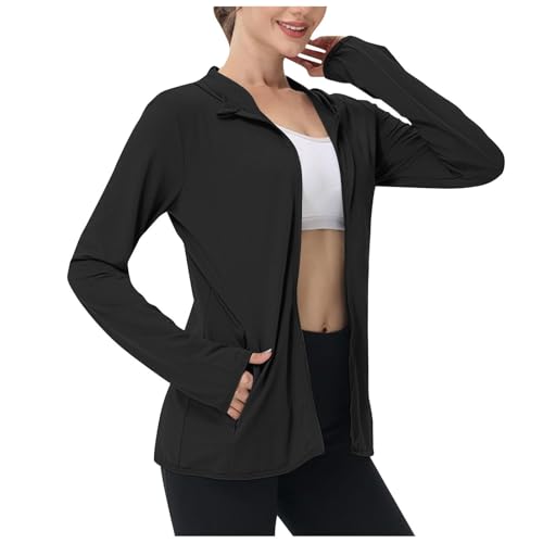 ZhungZaoh Laufjacke Damen Sportjacke Langarm Trainingsjacke Leichtes Sweatjacke Sonnenschutz Hoodie Zip Up Outdoor Jacke mit Tasche für Yoga Fitness Sport (XXXL) von ZhungZaoh