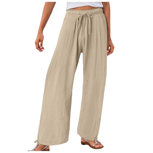 ZhungZaoh Leinenhose Damen Sommer Leicht Sommerhose Casual Leinen Hosen Weites Bein Palazzo Freizeithose Hohe Taille Einfarbig Stoffhose mit Taschen (Beige, M) von ZhungZaoh