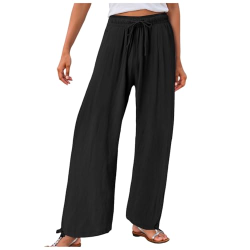 ZhungZaoh Leinenhose Damen Sommer Leicht Sommerhose Casual Leinen Hosen Weites Bein Palazzo Freizeithose Hohe Taille Einfarbig Stoffhose mit Taschen (Black, M) von ZhungZaoh