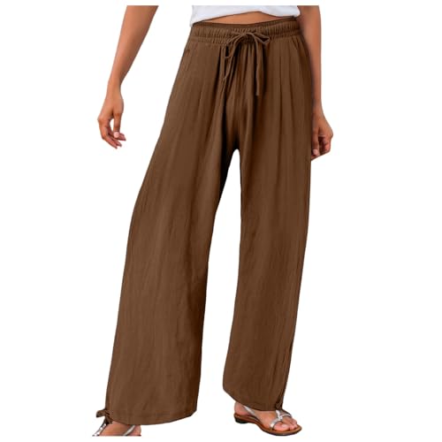 ZhungZaoh Leinenhose Damen Sommer Leicht Sommerhose Casual Leinen Hosen Weites Bein Palazzo Freizeithose Hohe Taille Einfarbig Stoffhose mit Taschen (Dark Coffee, L) von ZhungZaoh