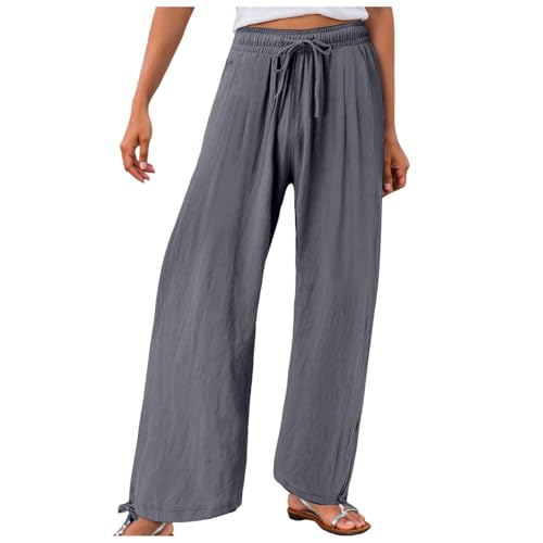 ZhungZaoh Leinenhose Damen Sommer Leicht Sommerhose Casual Leinen Hosen Weites Bein Palazzo Freizeithose Hohe Taille Einfarbig Stoffhose mit Taschen (Dark Grey, XXL) von ZhungZaoh