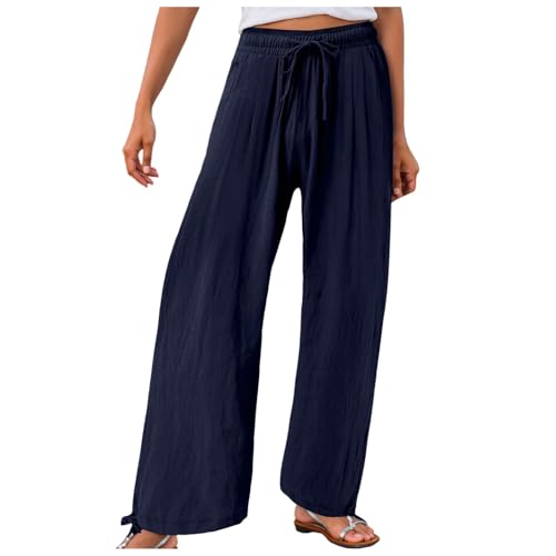 ZhungZaoh Leinenhose Damen Sommer Leicht Sommerhose Casual Leinen Hosen Weites Bein Palazzo Freizeithose Hohe Taille Einfarbig Stoffhose mit Taschen (Light Blau, L) von ZhungZaoh