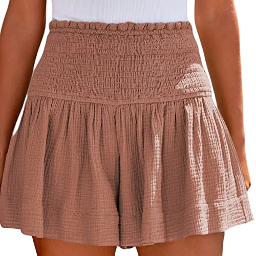 ZhungZaoh Musselin Shorts Damen Sommer High Waist Kurz Hosenrock Freizeit Strandshorts Leicht Kurze Hose mit Taschen Ruffle Sweatshorts Stoffhose Elastisch Sommershorts Culottes Sweatpants (Khaki, M) von ZhungZaoh