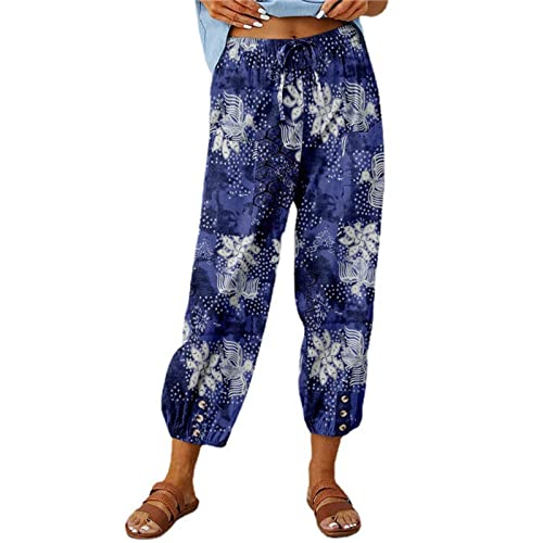 ZhungZaoh Sommerhose Damen Leicht Boho Strandhose Lange Haremshose Blumen Straight Bein Hose Damen Sommer Stoffhose Freizeithose Schlupfhose mit Taschen (01-Blue, L) von ZhungZaoh