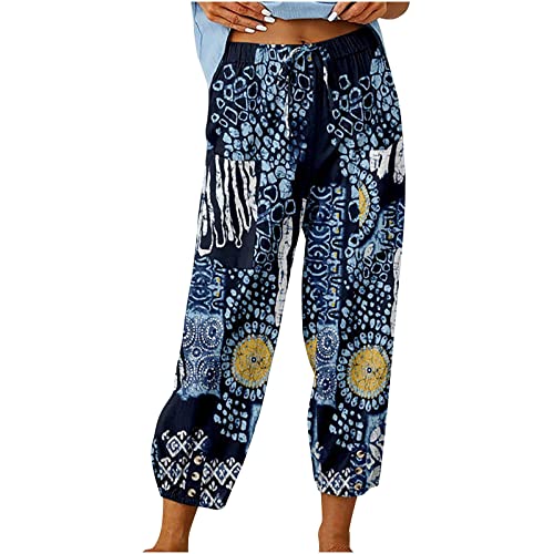ZhungZaoh Sommerhose Damen Leicht Boho Strandhose Lange Haremshose Blumen Straight Bein Hose Damen Sommer Stoffhose Freizeithose Schlupfhose mit Taschen (01-Navy, L) von ZhungZaoh