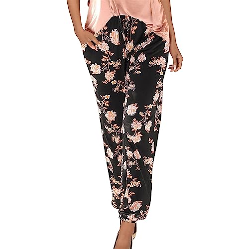 ZhungZaoh Sommerhose Damen Leicht Boho Strandhose Lange Haremshose Blumen Straight Bein Hose Damen Sommer Stoffhose Freizeithose Schlupfhose mit Taschen (03-Black, S) von ZhungZaoh