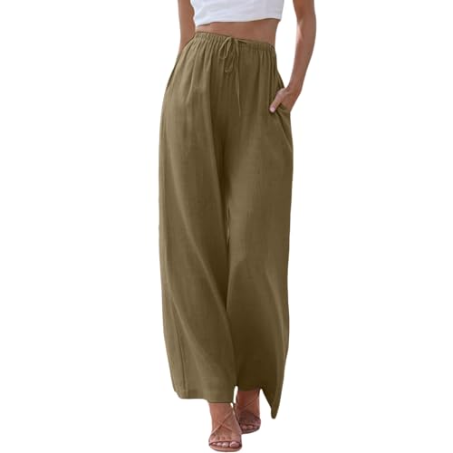 ZhungZaoh Sommerhose Damen Sommer Leinen Leicht Casual Locker Leinenhose Freizeithose Palazzo Hose Weite Leg Hose Stoffhose Hohe Taille mit Tunnelzug und Taschen (01-Brown, XXXL) von ZhungZaoh