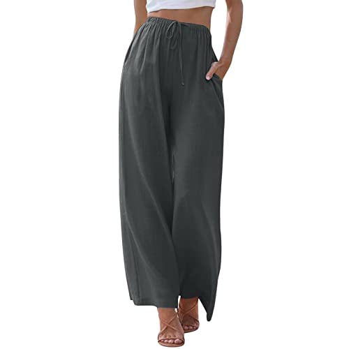 ZhungZaoh Sommerhose Damen Sommer Leinen Leicht Casual Locker Leinenhose Freizeithose Palazzo Hose Weite Leg Hose Stoffhose Hohe Taille mit Tunnelzug und Taschen (01-Dark Gray, XL) von ZhungZaoh
