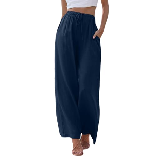 ZhungZaoh Sommerhose Damen Sommer Leinen Leicht Casual Locker Leinenhose Freizeithose Palazzo Hose Weite Leg Hose Stoffhose Hohe Taille mit Tunnelzug und Taschen (01-Navy, XXXL) von ZhungZaoh