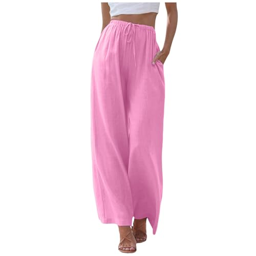 ZhungZaoh Sommerhose Damen Sommer Leinen Leicht Casual Locker Leinenhose Freizeithose Palazzo Hose Weite Leg Hose Stoffhose Hohe Taille mit Tunnelzug und Taschen (01-Pink, S) von ZhungZaoh