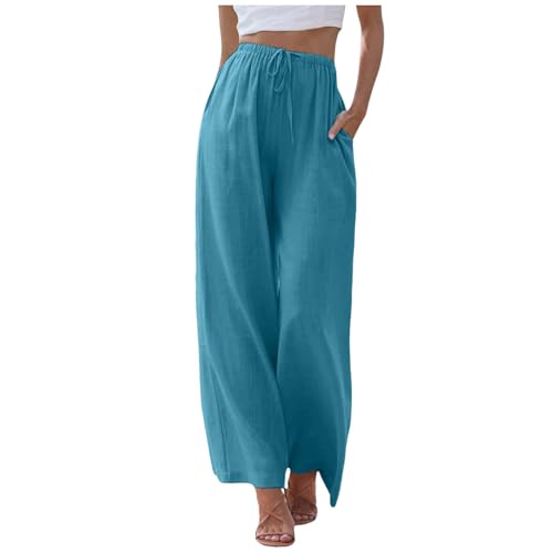 ZhungZaoh Sommerhose Damen Sommer Leinen Leicht Casual Locker Leinenhose Freizeithose Palazzo Hose Weite Leg Hose Stoffhose Hohe Taille mit Tunnelzug und Taschen (01-Sky Blue, S) von ZhungZaoh
