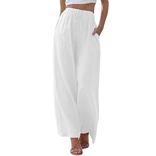 ZhungZaoh Sommerhose Damen Sommer Leinen Leicht Casual Locker Leinenhose Freizeithose Palazzo Hose Weite Leg Hose Stoffhose Hohe Taille mit Tunnelzug und Taschen (01-White, S) von ZhungZaoh