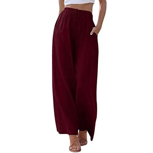 ZhungZaoh Sommerhose Damen Sommer Leinen Leicht Casual Locker Leinenhose Freizeithose Palazzo Hose Weite Leg Hose Stoffhose Hohe Taille mit Tunnelzug und Taschen (01-Wine, XL) von ZhungZaoh