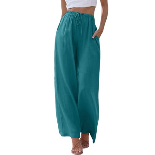 ZhungZaoh Sommerhose Damen Sommer Leinen Leicht Casual Locker Leinenhose Freizeithose Palazzo Hose Weite Leg Hose Stoffhose Hohe Taille mit Tunnelzug und Taschen (02-Sky Blue, XL) von ZhungZaoh