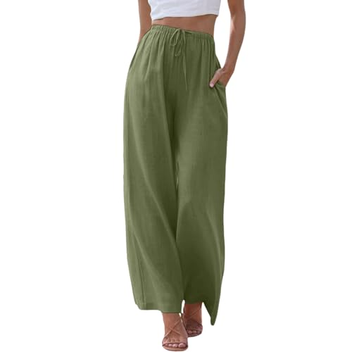 ZhungZaoh Sommerhose Damen Sommer Leinen Leicht Casual Locker Leinenhose Freizeithose Palazzo Hose Weite Leg Hose Strandhose Hohe Taille mit Tunnelzug und Taschen (02-AG, L) von ZhungZaoh