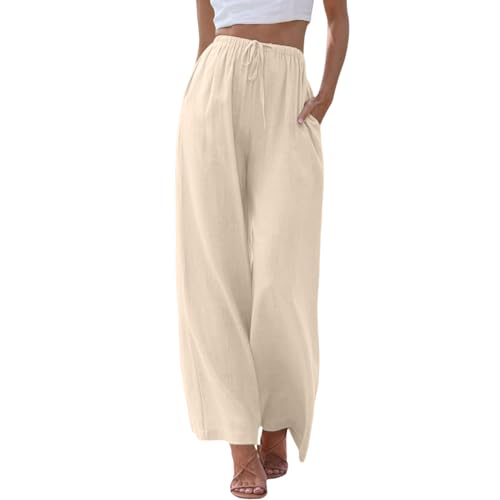 ZhungZaoh Sommerhose Damen Sommer Leinen Leicht Casual Locker Leinenhose Freizeithose Palazzo Hose Weite Leg Hose Strandhose Hohe Taille mit Tunnelzug und Taschen (02-Beige, XL) von ZhungZaoh