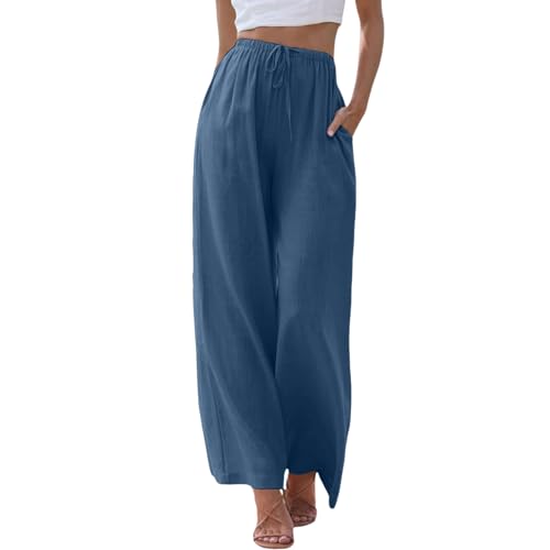 ZhungZaoh Sommerhose Damen Sommer Leinen Leicht Casual Locker Leinenhose Freizeithose Palazzo Hose Weite Leg Hose Strandhose Hohe Taille mit Tunnelzug und Taschen (02-Blue, XXL) von ZhungZaoh