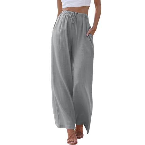 ZhungZaoh Sommerhose Damen Sommer Leinen Leicht Casual Locker Leinenhose Freizeithose Palazzo Hose Weite Leg Hose Strandhose Hohe Taille mit Tunnelzug und Taschen (02-GY1, L) von ZhungZaoh