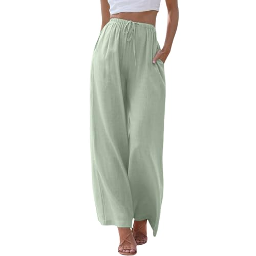 ZhungZaoh Sommerhose Damen Sommer Leinen Leicht Casual Locker Leinenhose Freizeithose Palazzo Hose Weite Leg Hose Strandhose Hohe Taille mit Tunnelzug und Taschen (02-Green, M) von ZhungZaoh